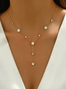 1 件女式不锈钢白色贝壳花形锆石 Y 形项链，时尚珠宝，18K 镀金 - 金色 - 查看 5