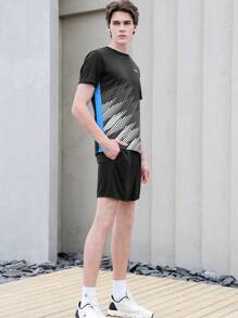 CAMEL CROWN 男士套装羽毛球服训练服速干运动T恤短裤男士网球服乒乓球上衣夏季 - 黑色 - 查看 2