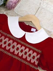 Vestido de verano para niñas, vestido de princesa elegante con cuello Peter Pan, manga abullonada, empalme y estilo smock para niñas de 4 a 7 años, vestido casual de media manga con botones para uso diario