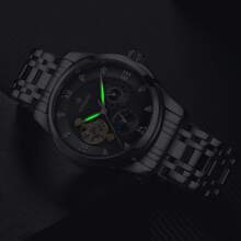 Classic High-End Stainless Steel Butterfly Buckle Men's Watch, Moon & Sun 24-Hour Subdial, Multifunction Hollow Automatic Mechanical Men's Watch, Fashion Rhinestone Luminous Roman Numeral Dial Men's Wristwatch
