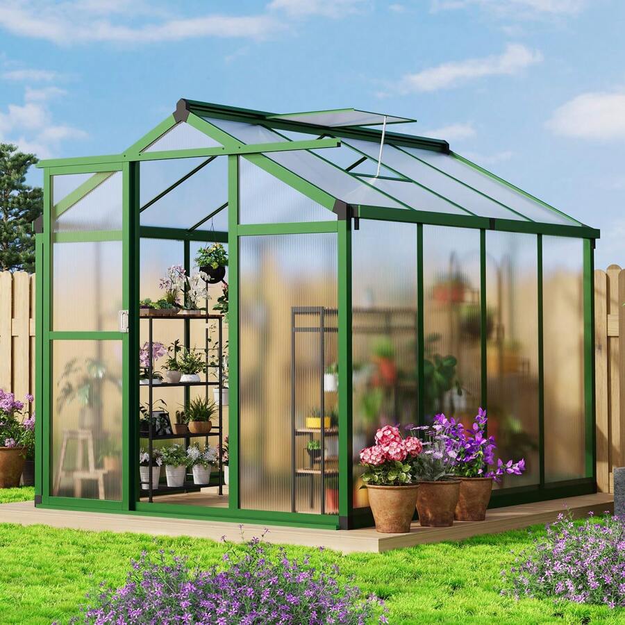 NANSTATA 6x8 FT Greenhouse For Outdoors, Polycarbonate Greenhouse With Quick Setup Structure And Roof Vent, Aluminum Greenhouses Heavy Duty, Large Walk-In Greenhouse For Winter Garden, Backyard, Patio, Lawn - 橄欖綠 - 查看 1