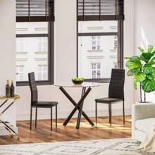 Round Dining Table, 90 Cm Glass Table Top With Black Stylish Stable Table Legs,Kitchen Table - Black - View 7