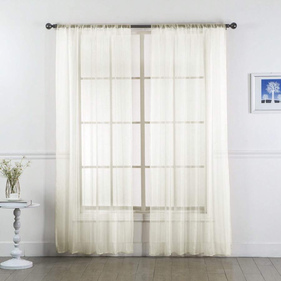 Set Of Two (2) Sheer Window Curtains Panels With Rod Pocket Drape Set Multiple Lengths (63", 84", 95", 108", 120" L) Solid Colors - Beige - View 1