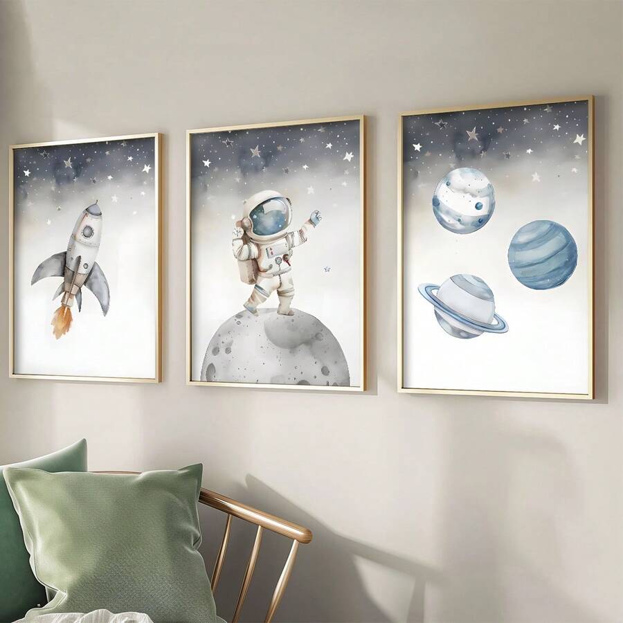 Juego de 3 piezas de arte de pared de lienzo con temática espacial - Pinturas de acuarela en lienzo con motivos de astronautas, cohetes y planetas - Decoración minimalista moderna para sala de estar, dormitorio y oficina en el hogar, perfecto para decoración de habitaciones - Material de lienzo (enmarcado) - Regalo para cumpleaños y graduación - multicolor - Ver 1