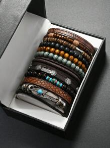 11 pièces Bracelet vintage en turquoise, en PU perles en bois, métal fait main tressé, parure de bijoux de décoration empilable unisexe, sans boîte