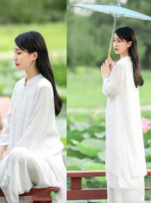 LUCIDVUE 2pcs Set Women Improved Chinese Cheongsam Dress & Wide Leg Pants Suit, Linen Fabric, Zen Style Tea Service, Spring/Summer - White - View 9