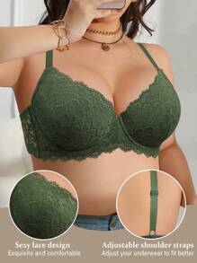 Soutien-gorge lingerie sans couture avec support sans armature, vert, grande taille, en dentelle pour femmes avec une couverture complète, respirant, pour un port quotidien