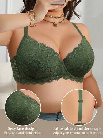 Green Plus Size Women's Lace Underwire Seamless Lingerie Bra With Full Coverage, Wire-Free Support, Breathable, Daily Wear Seamless Lingerie Bra, Lift