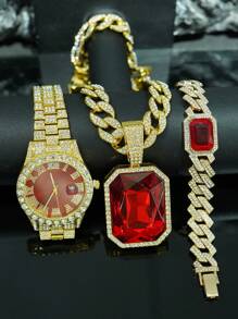 1 Set Ruby Alloy Pendant, Ruby Bracelet, Red Watch, Men's Personalized Necklace Set, Elegant Gift Set For Men - Gemstone Pendant Necklace Set - View 4