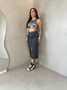 GRAPHITE MIDI SKIRT - Xám - Xem 3