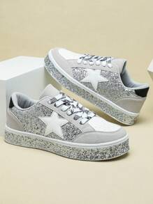 Silver Star Decoration Sequins Men's Versatile Fashion Eye-Catching Men's And Women's Casual Low-Top Walking Shoes Shoes Versatile Comfortable Breathable Sports Fitness Running Shoes Suitable For Holiday Parties And Gifts New 2025 Men's Sports Shoes