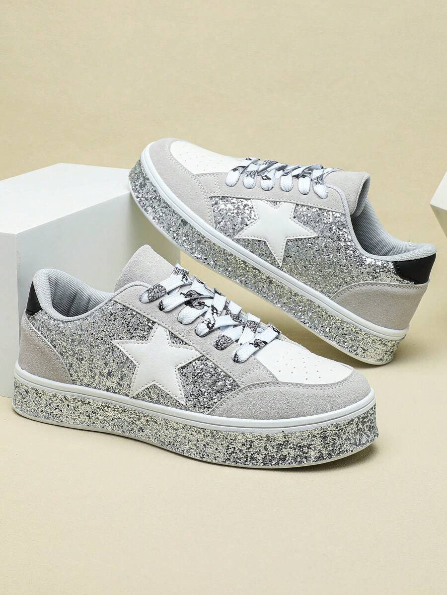 Silver Star Decoration Sequins Men's Versatile Fashion Eye-Catching Men's And Women's Casual Low-Top Walking Shoes Shoes Versatile Comfortable Breathable Sports Fitness Running Shoes Suitable For Holiday Parties And Gifts New 2025 Men's Sports Shoes