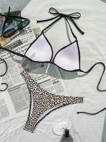 New Model Bikini Set, Solid Color Halter Bra Top And Leopard Print Triangle Briefs - Black - View 2