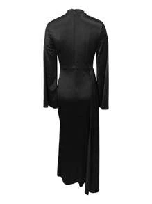 Elegancka sukienka damska w jednolitym kolorze z rękawami dzwonkowymi w stylu arabskim, sukienka satynowa abaja, noworoczny strój dla kobiet, sukienka koktajlowa, sukienka na przyjęcie świąteczne, stroje urodzinowe dla kobiet, strój na walentynki - Czarne - Zobacz 1