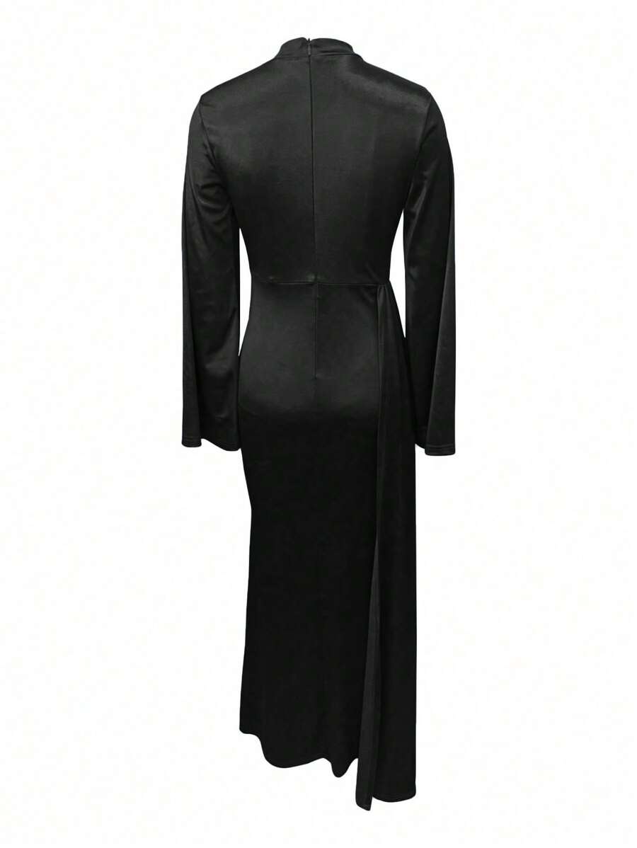 Elegancka sukienka damska w jednolitym kolorze z rękawami dzwonkowymi w stylu arabskim, sukienka satynowa abaja, noworoczny strój dla kobiet, sukienka koktajlowa, sukienka na przyjęcie świąteczne, stroje urodzinowe dla kobiet, strój na walentynki - Czarne - Zobacz 1