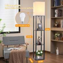 LISUNAR Floor Lamp With Shelves,3-Tier Modern Shelf Floor Lamp With Dimmable LED Bulb,White Fabric Shade,Wood Tall Corner Display Standing Lamp For Living Room Bedroom And Office Dr - Black