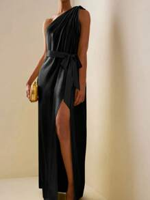 Đầm dạ hội dài lệch vai xẻ tà bên hông dành cho nữ, đầm dự tiệc, đầm dự đám cưới, đầm trang trọng. - màu đen - Xem 3