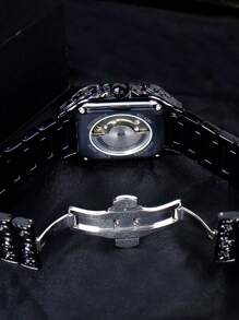 1pc Men's Black Steel Band Fashion Retro Engraved Square Dial Roman Numeral Automatic Mechanical Watch