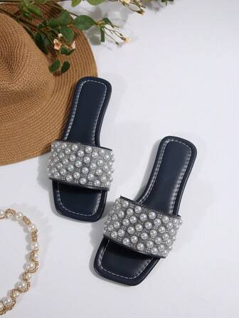 Sandalias planas de mujer con nuevos destellos, cristales y perlas engastadas, casuales, elegantes, cómodas, antideslizantes y de fácil deslizamiento, para usar en la playa