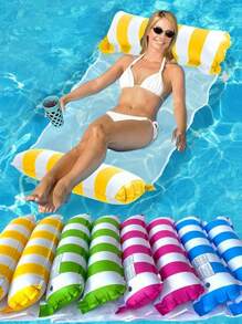 1 pieza Hamaca inflable a rayas, relajación, cama flotante con respaldo de malla, plegable, artículos esenciales de playa, juegos de natación, accesorios de playa, flotador de piscina