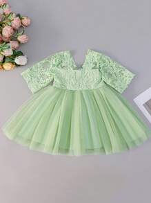 女婴 0-2 岁浅绿色婚礼花童礼服，蓬松薄纱，适合生日、婚礼活动 - 綠色 - 查看 2
