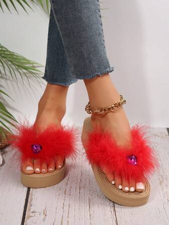 女式亮色蓬松拖鞋，百搭，度假风格，厚底厚底坡跟，夏季