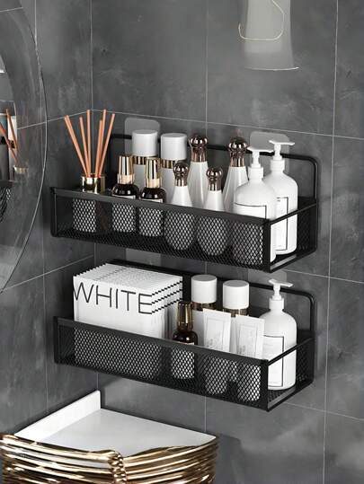 2pcs/1pc Wall Mounted Makeup Organizer, Makeup Storage Rack, Shower Caddy, Bathroom Storage Shelf, Kitchen Rack, Wall Mounted Bathroom Organizer, Iron Storage Basket, Suitable For Cosmetics And Bath Products, Shower Rack For Shampoo, Toner And Makeup, Bathroom Accessories, Dorm Supplies, RV Accessories