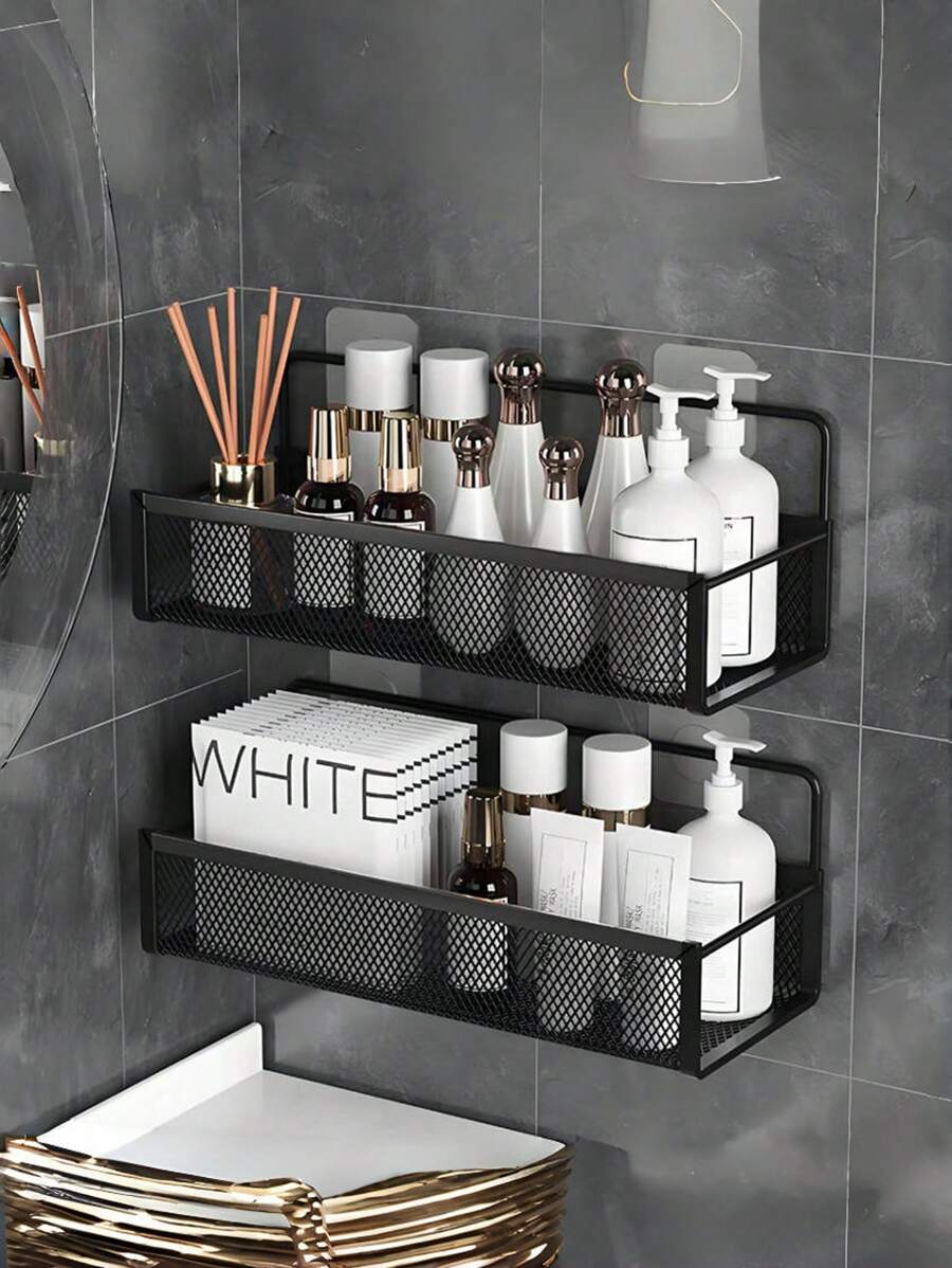 2pcs/1pc Wall Mounted Makeup Organizer, Makeup Storage Rack, Shower Caddy, Bathroom Storage Shelf, Kitchen Rack, Wall Mounted Bathroom Organizer, Iron Storage Basket, Suitable For Cosmetics And Bath Products, Shower Rack For Shampoo, Toner And Makeup, Bathroom Accessories, Dorm Supplies, RV Accessories - Multicolor - View 1