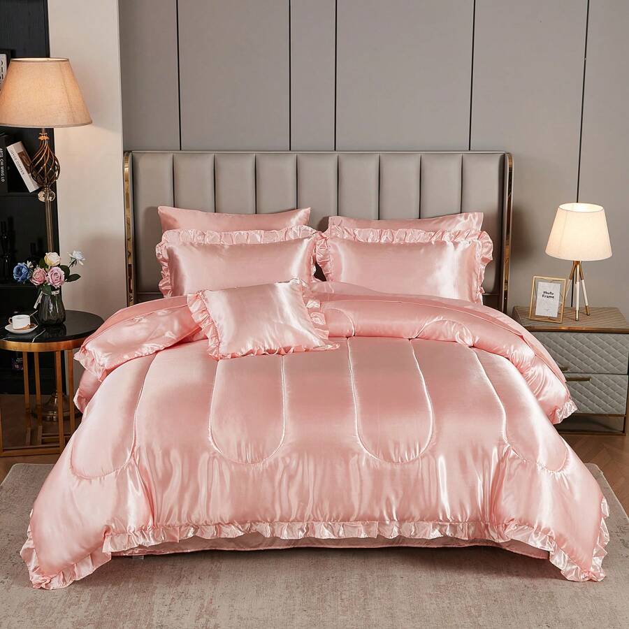 Satin Bed In A Bag 8 Pieces Queen Size Silk Like Black Comforter Set Luxury Silky Bedding Set Soft Lightweight Comforter Set Cooling Sheet Set - 粉色 - 查看 1