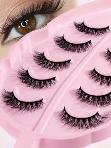 5pairs/Set 3D Faux Mink Hair Fluffy False Eyelashes With Leaf-Shaped Tray+Double Ended Eyebrow Grooming Tool+Eyebrow Brush,Natural Looking, 3D Natural Spiky Manga Lashes Fluffy Wispy Soft Lashes Fake Eyelashes False Eyelashes Strip,Natural Soft Eyelash Criss Cross Wispy Fluffy Lashes,Naturally Slender, Curled And Enlarged Eyes,For Women To Use Travel, Party For Parties Travel School Daily Work Etc - 眼尾拉長款 - 查看 4