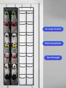 1 件装门上大口袋鞋盒，壁橱内悬挂鞋盒，门上优质透明鞋架，门后鞋架和金属挂钩收纳