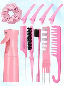 Set de 11 peines, Botella de rociado continuo de 200ml, Set de peines para esponjar, cepillar el borde y la espalda con pinzas de pico de pato para mujeres y niñas, peines de carbono para esponjar con púas de metal, peine premium de dientes anchos