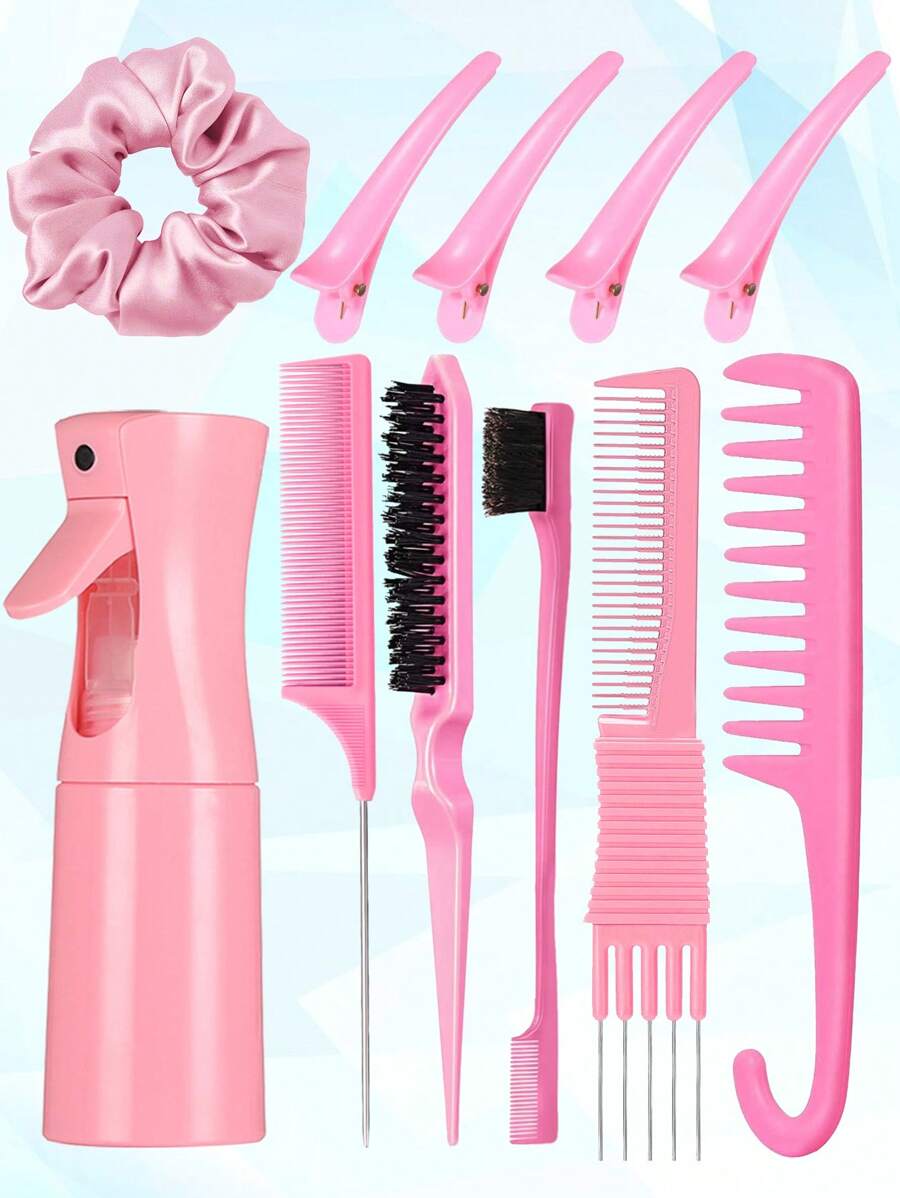 Set de 11 peines, Botella de rociado continuo de 200ml, Set de peines para esponjar, cepillar el borde y la espalda con pinzas de pico de pato para mujeres y niñas, peines de carbono para esponjar con púas de metal, peine premium de dientes anchos