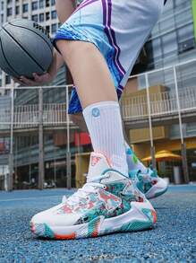 Wiosenne, nowe, lekkie, grube podeszwy, damskie buty do koszykówki w dużych rozmiarach, buty sportowe na świeżym powietrzu, antypoślizgowe, wytrzymałe buty do biegania, miękkie i wygodne buty trekkingowe, amortyzujące buty sportowe Rebound, losowy asymetryczny wzór - Pomarańczowy biały księżyc - Zobacz 11