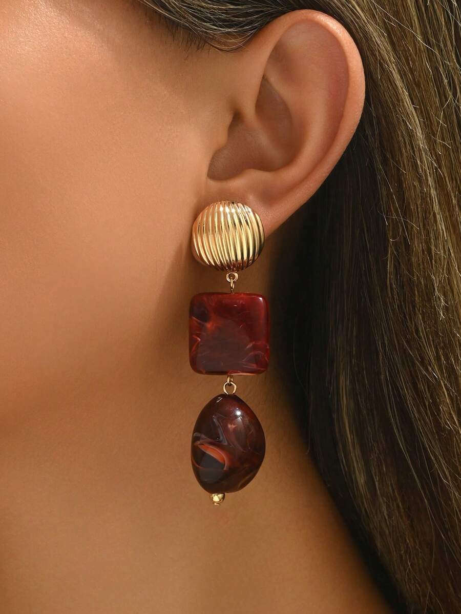 2 件优雅性感波西米亚风波浪状玉石纹理树脂块不对称吊坠和金色贝壳耳钉套装，适合性感女神派对、节日穿着 - 彩色 - 查看 1