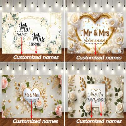Customizable Bohemian Floral Background With Name, Suitable For Proposal, Wedding Anniversary, Party Decoration, Portrait Photography Backdrop, Etc. Made Of Vinyl Material, Multipurpose, Durable, Decorative, Reusable, Elegant, Fashionable, High-Quality, Vibrant Colors, Modern. Applicable For Tea Room, Home, Garden, Office And Various Occasions