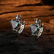 1 par de pendientes de aro con forma de corona y corazón de circonita geométrica para mujer, joyería fina de moda, accesorios minimalistas