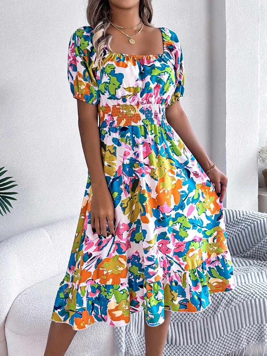 Women's Casual Vacation Puff Sleeve Drawstring Floral Mini Dress, Spring/Summer - màu xanh lá - Xem 1