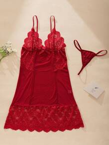 Ning xue yan ying 2-Piece Set Of Women's Wine Red Sexy V-Neck Bow Decoration,Backless Suspender Dress,Spaghetti Strap,Mesh Sleeping Skirt ,Summer,Babydolls,BridalLingerie,Women's Sexy Lingerie Dress