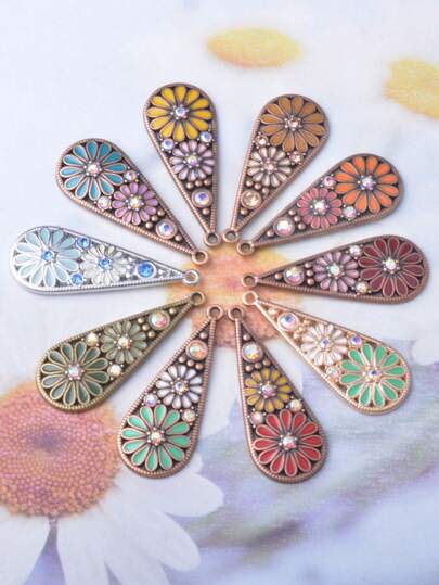 6pcs Vintage Style Zinc Alloy Flower Long Water Drop Charms, Rhinestone Jewelry Earring Pendants, Accessories