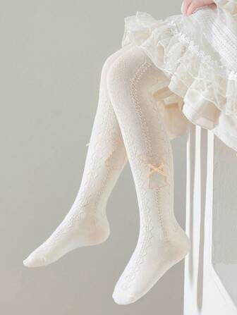 1双儿童春夏薄款纯色奶白色打底裤公主舞蹈裤学生运动透气吸汗女童连裤袜小兔子蝴蝶结图案