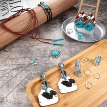 Western Jewelry For Women Bohemian Turquoise Jewelry Set Turquoise Pendant Choker Necklace Turquoise Faux Leather Cuff Bracelet Turquoise Hoop Dangle Earrings Turquoise Joint Knuckle Rings