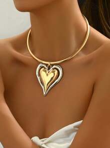 1pc Fashionable Minimalist Asymmetrical 3D Heart Contrast Color Pendant Necklace, Versatile For Daily Wear, Festivals, Parties, Beach Vacation - Gold/Silver - View 12