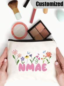 [Custom Made] Polyester Flower Design Cosmetic Bag For Women - Waterproof, Large Capacity, Personalized Name, Unscented, Portable Zip Makeup Pouch, Travel Essential, Gift For Flower Lovers - Exclusive Gift, Letter, Portable, Multifunction, Versatile, Lightweight, Large Capacity, All-Purpose, Practical, Customized, Ideal Gifts For Her, Women, Rookies & White-Collar Workers, Girlfriend, Pink Girls, Her, Friends, Children, Family, Travel Accessories - Beige - View 3