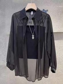 女士纯色前扣休闲卷袖衬衫，透明雪纺长袖衬衫，轻盈透气面料，优雅设计，适合办公室/派对穿着，春夏季 - 黑色 - 查看 3