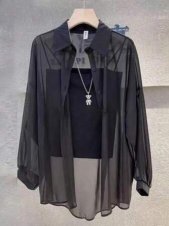 Women's Solid Color Front Button Casual Roll-Up Sleeve Shirt, Sheer Chiffon Long Sleeve Blouse, Lightweight Breathable Fabric, Elegant Design For Office/Party Wear, Spring/Summer