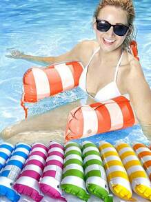 1 pieza Hamaca inflable a rayas, relajación, cama flotante con respaldo de malla, plegable, artículos esenciales de playa, juegos de natación, accesorios de playa, flotador de piscina