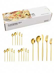 Juego de cubiertos de acero inoxidable de 30 piezas para cenas elegantes: cuchillo, tenedor y cuchara para carne para uso doméstico - Dorado - Ver 1