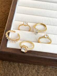 5pcs Copper Inlay Cubic Zirconia Rings Set, Elegant & Sophisticated Style, Suitable For Wedding, Party, Holiday Gifts, Bride - Yellow Gold - View 4