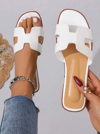 Women's Summer Flat Slides, Square Toe H-Shape Daily Home Slippers
